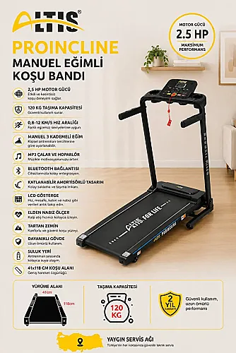 Altıs Proincline 2.5 Hp Tartan Zemin Amortisörlü Manuel Eğimli Katlanır Koşu Bandı (Mp3 & Bluetooth)